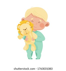 Baby Boy Standing and Hugging Fluffy Toy Lion Vector Illustration