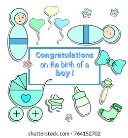 Baby boy  sticker.  Cute paper labels. Vector illustration for your design