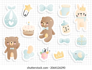 Baby boy sticker, scrapbook. Baby shower sticker sheet