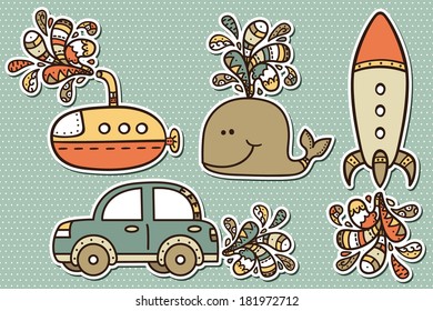 Baby Boy Stickers. Vector Illustration Of Transportation Stickers For Babyshower