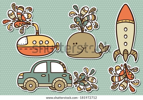 baby boy stickers. Vector illustration of\
transportation stickers for\
babyshower