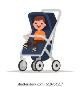 Baby boy in stroller on a white background. Vector illustration in a flat style