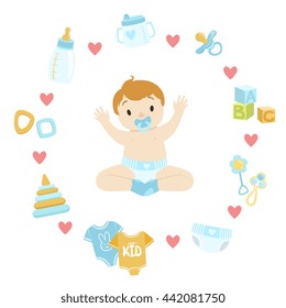 Baby Boy Surrounded With Object It Needs Flat Childish Cartoon Style Bright Color Vector Illustration On White Background