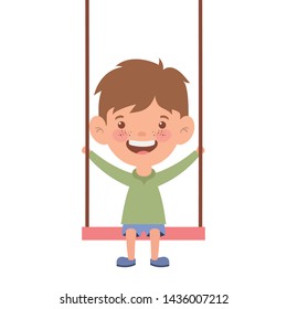 baby boy in swing smiling on white background