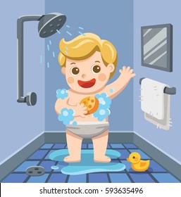 A Baby Boy Taking A Shower In Bathroom With Lot Of Soap Lather And Rubber Duck.