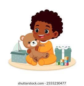 baby boy with teddy bear and gifts, toys
