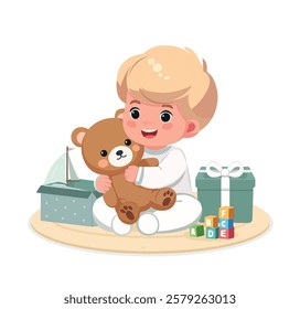 baby boy with teddy bear and gifts, toys	