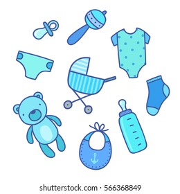 Baby boy things. Vector hand drawn illustration