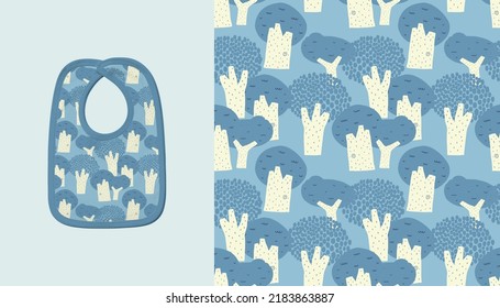 Baby Boy Toddler Blue Velcro fastening Bib Fashion Illustration. Vector Repeating Seamless Patterns of
Flat Blue Forest with Blue leaves and white Tree’s trunk 