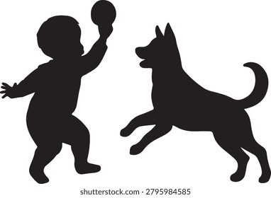 A baby boy toddler playing catch a ball with dog isolated silhouette vector
