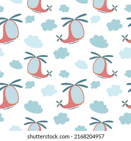 Baby boy toy, helicopter and clouds, vector seamless cartoon pattern.