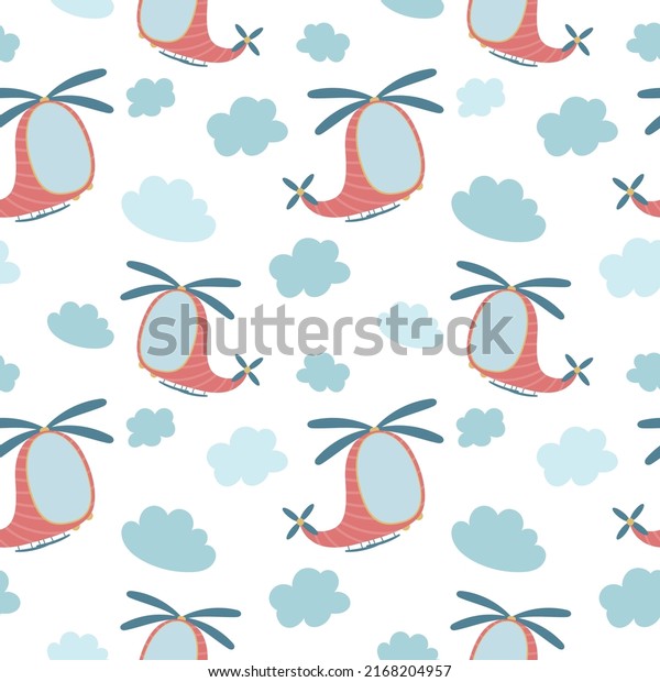 Baby boy toy, helicopter and clouds, vector\
seamless cartoon pattern.