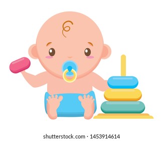 baby boy with toy on white background baby shower vector illustration