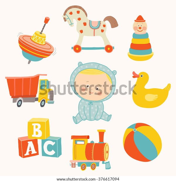 Baby\
boy with toys : ball, blocks, rubber duck, rocking horse, toy\
train, pyramid, spinning top, toy truck. Cartoon vector hand drawn\
eps 10 illustration isolated on white\
background.