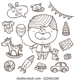 baby boy toys icons set. Vector illustration of doodle baby boy ornate  icons with little boy for babyshower