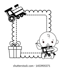 baby boy with train toy gift baby shower vector illustration