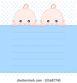 Baby boy twins announcement card. Vector illustration.