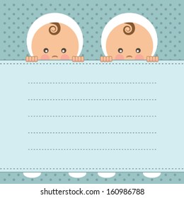 Baby boy twins announcement card. Vector illustration.