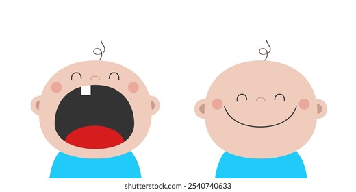 Baby boy twins crying smiling. Child toddler icon. Kid infant head with tooth. Cute cartoon kawaii funny character. Invitation greeting card poster sticker print. Flat design White background Vector