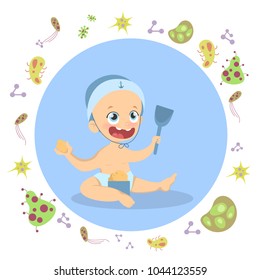 Baby boy under shield. Playing outside without germs.