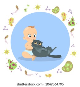 Baby boy under shield. Playing outside with cat.