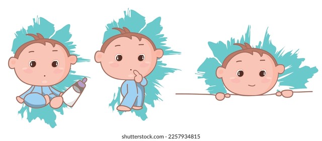 baby boy vector cartoon illustration, holding a sign nwith space text, holding milk bottle, standing. 