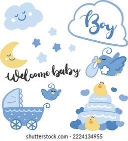 Baby boy vector illustration material set. Hand drawn clouds, birds and cakes. Perfect for baby showers, cards, poster invitations.