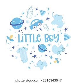 Baby Boy Vector Illustration, Set of cute illustrations for a newborn in a circle