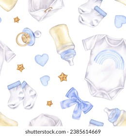 Baby boy Vector seamless Pattern. Hand drawn illustration of children things on transparent isolated background. Watercolor drawing of wrapping paper for gender reveal party