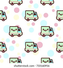Baby boy vector seamless pattern. Car and smiling transport kawaii apparel design, cute wear style for babies, toddlers, little kids, unique clothing with amazing decor