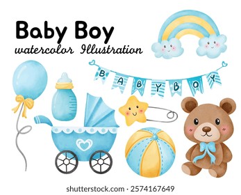 Baby Boy Watercolor Illustration Set - Blue Teddy Bear, Baby Stroller, Ball, Banner, and Cute Decorations for Nursery and Baby Shower Designs