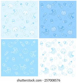 baby boy web background collection. Doodle style objects on blue and white background
