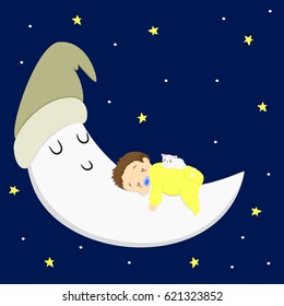 baby boy and white cat sleeping on the moon in starry night