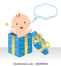 Is a baby boy. Wonderful sweet gift. Life is a precious gift. Cute baby boy in a gift box with thinking bubble.