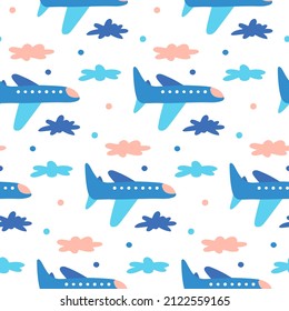 Baby boys airplane pattern. Hand-drawn plane in on white cloudy sky background for infant, newborn baby. Cute cartoon air transport   nursery products design. Childish blue seamless print for toddler.