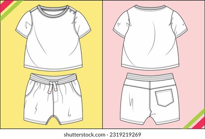 BABY BOYS CREW NECK AND BOTTOM SHORTS TEE FLAT SKETCH FASHION TEMPLATE TECHNICAL ILLUSTRATION