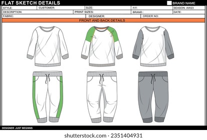 BABY BOYS FULL SLEEVE AND JOGGER SET DRESS FLAT SKETCH FASHION TEMPLATE TECHNICAL DRAWING ILLUSTRATION