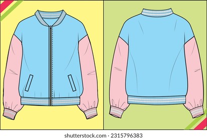 BABY BOYS GIRL JACKET CREW NECK RIB COLLAR WITH ZIP TECHNICAL FASHION FLAT SKETCH ILLUSTRATION