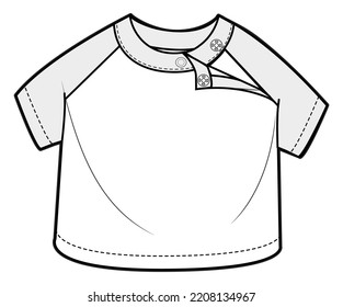 niños y niñas unisex cuello de manga corta camiseta de ranglan con botón de ajuste de moda dibujo plano ilustración vectorial.