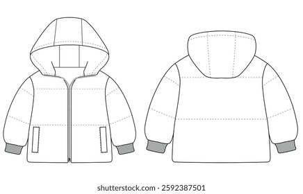 Baby Boys Girls puffer jacket Hoods vector Mockup Coat template design	