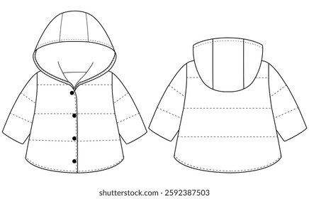 Baby Boys Girls puffer jacket Hoods vector Mockup Coat template design	