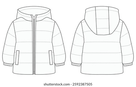 Baby Boys Girls puffer jacket Hoods vector Mockup Coat template design	