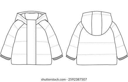 Baby Boys Girls puffer jacket Hoods vector Mockup Coat template design	