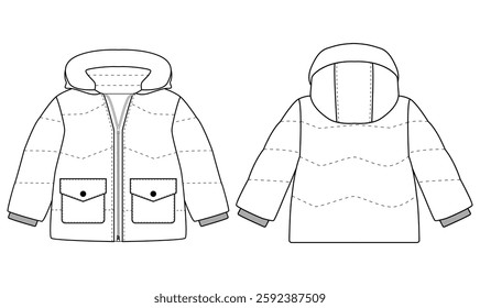 Baby Boys Girls puffer jacket Hoods vector Mockup Coat template design	