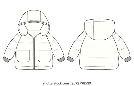 Baby Boys Girls puffer jacket Hoods vector Mockup Coat template design