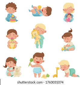 Baby Boys and Girls Sitting on the Floor and Playing with Their Toys Vector Set