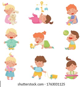 Baby Boys and Girls Sitting on the Floor and Playing with Their Toys Vector Set