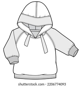 baby boys and girls unisex raglan sleeve hoodie flat sketch vector illustration. cad mockup.