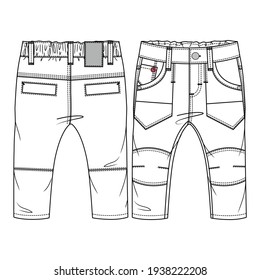 Baby Boys Pant with apply pockets and Knee detail fashion flat sketch template. Technical Fashion Illustration. Woven, Denim, Twill CAD