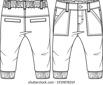 Baby Boys Pant fashion flat sketch template. Technical Fashion Illustration. Woven CAD